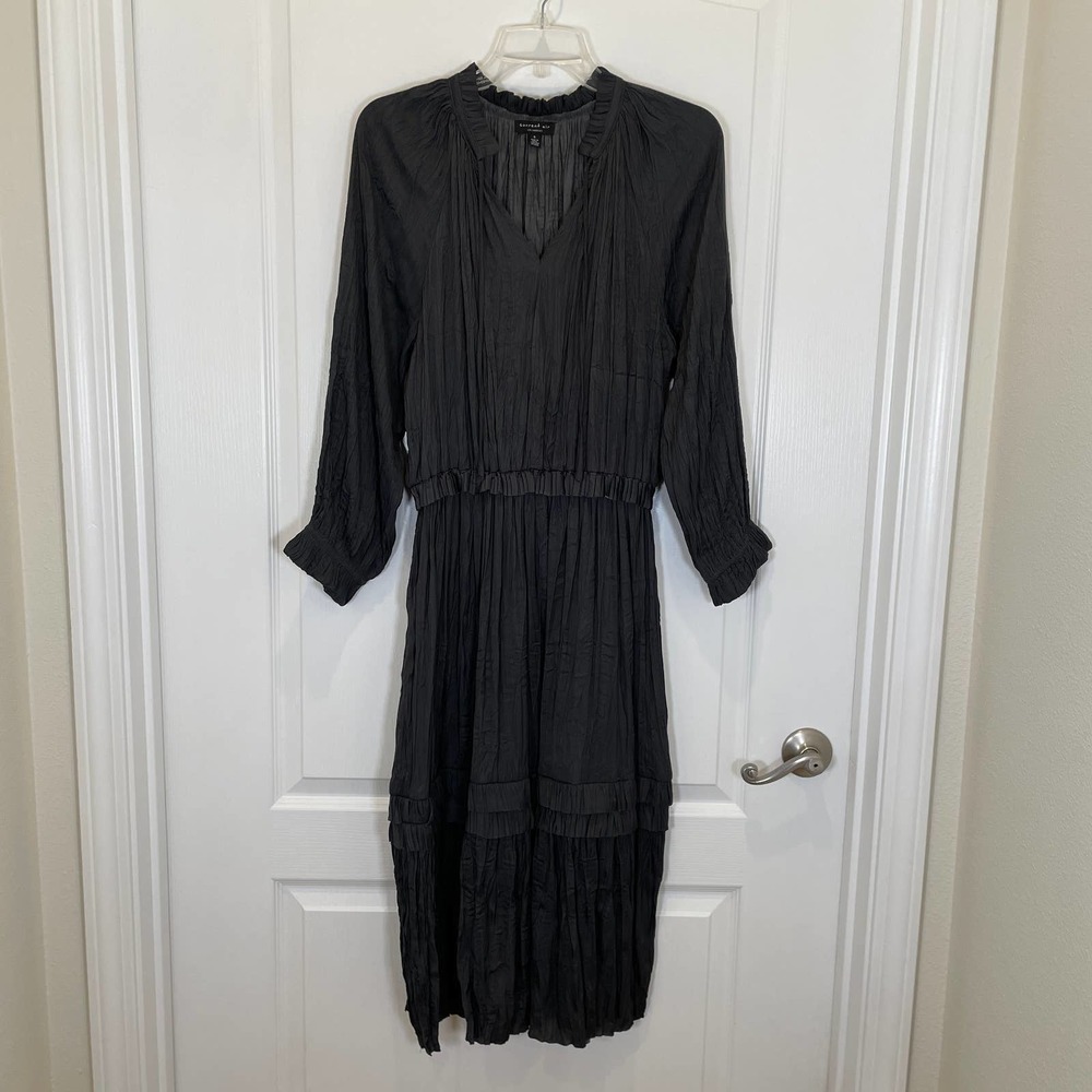 Current Air Tiered Midi Dress Crinkle Deep Green Long Sleeve S